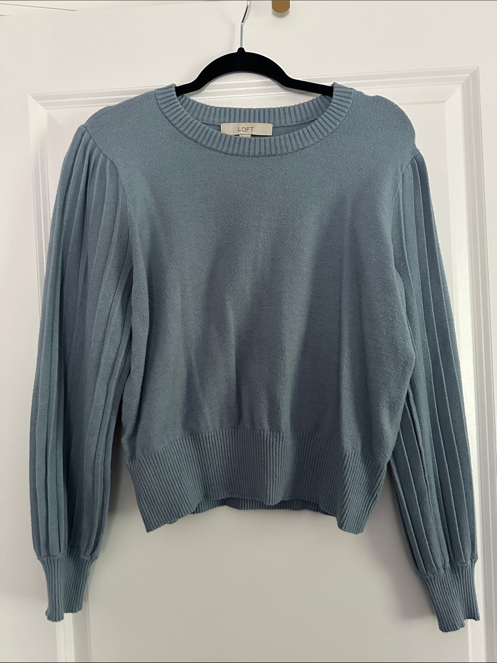 LOFT Light Blue Pleated-Sleeve Crewneck Sweater